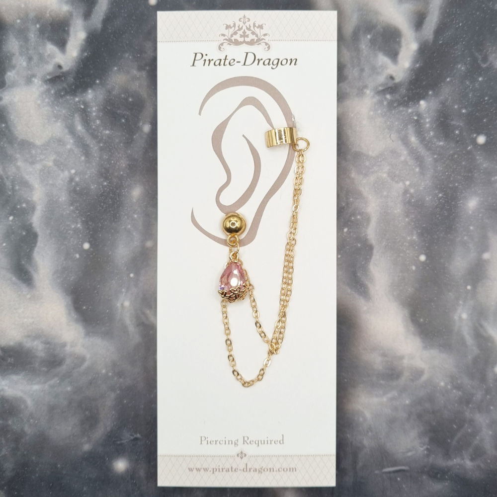 Pink Teardrop Gem with Gold Chains Pierced Earcuff (EC5156)