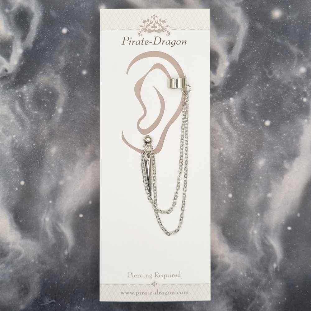 Silver Spike with Chains Pierced Earcuff (EC99033)