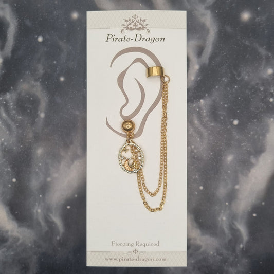 Orange Crescent Moon Oval with Gold Chains Pierced Earcuff (EC99462)