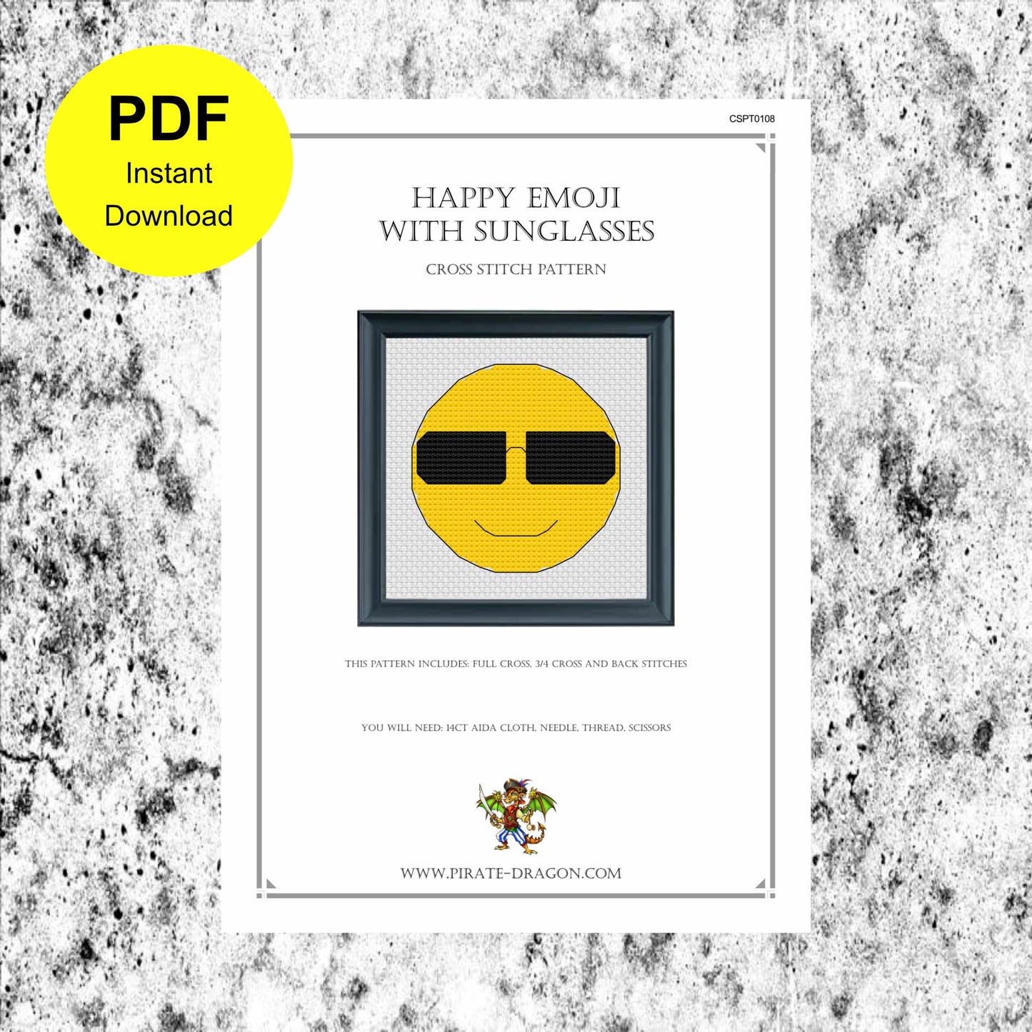 Happy Emoji with Sunglasses - Counted Cross Stitch Pattern - Digital Pattern - INSTANT DOWNLOAD