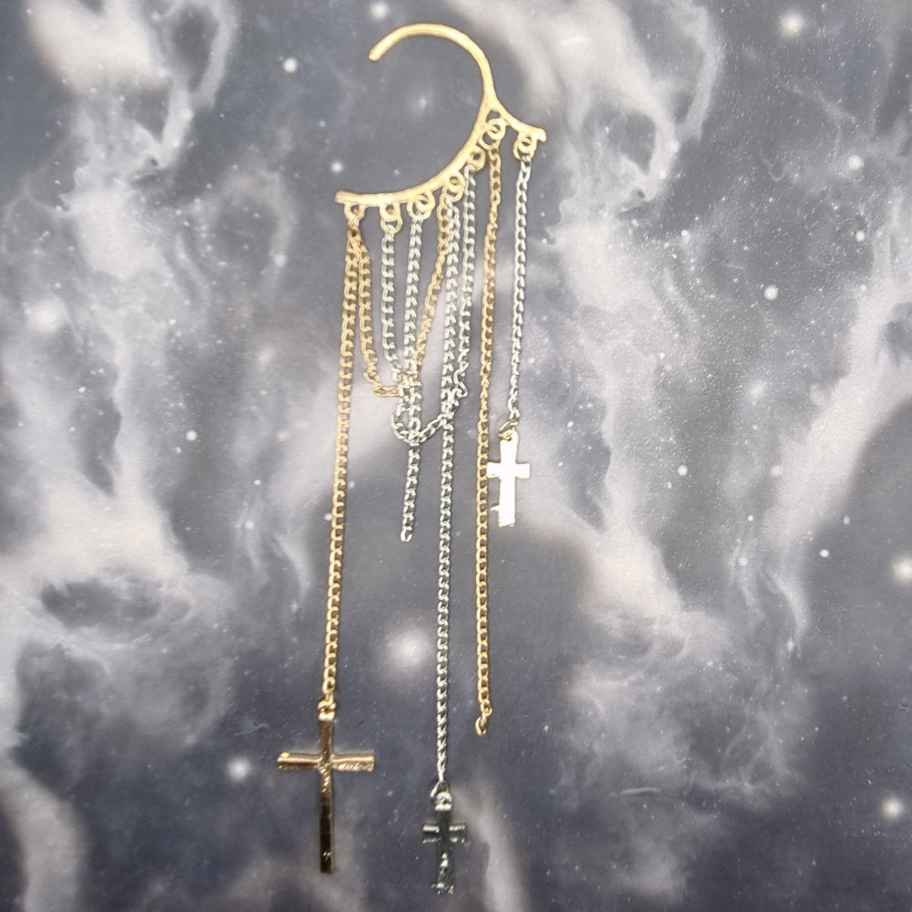 Gold & Silver Chains with Crosses Non-Pierced Ear Cuff (EC06300)