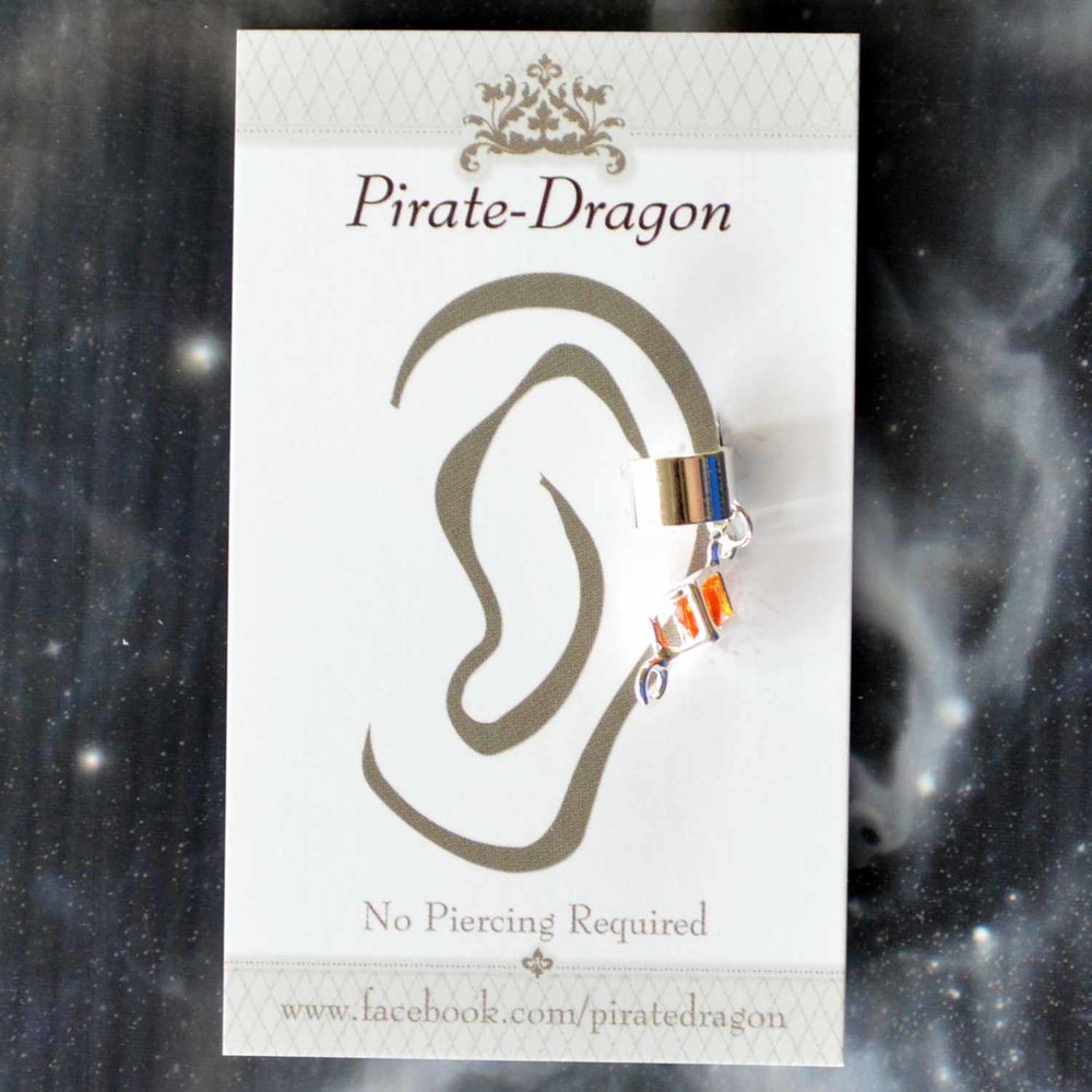 Silver Cube with Orange Gem Non-Pierced Ear Cuff (EC3589)