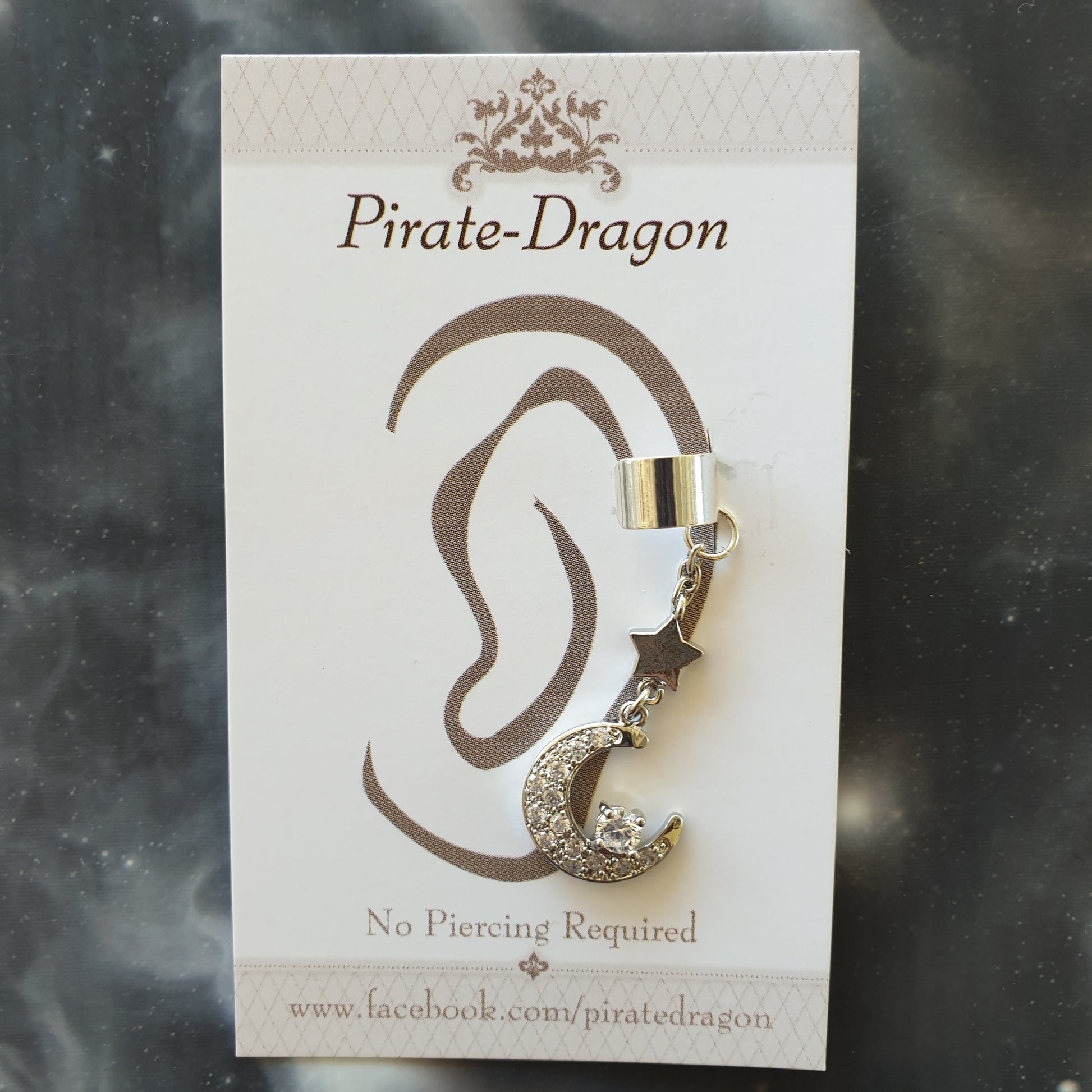 Silver Crescent Moon with Star & Gems Non-Pierced Ear Cuff (EC4210)