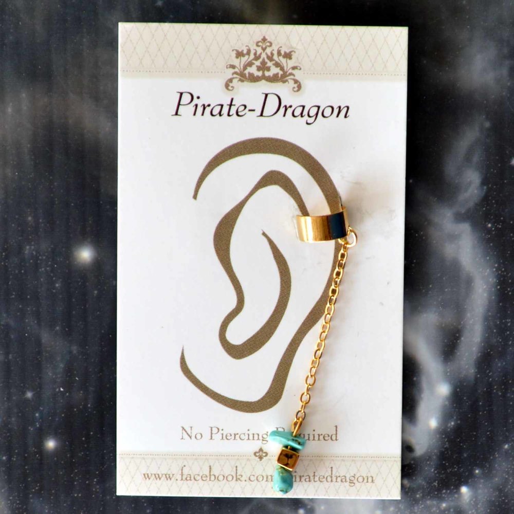 Blue Stones on Gold Chain Non-Pierced Ear Cuff (EC4567)