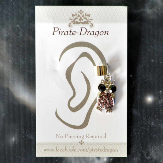 Dark Pink Gem Owl Non-Pierced Ear Cuff (EC4585)