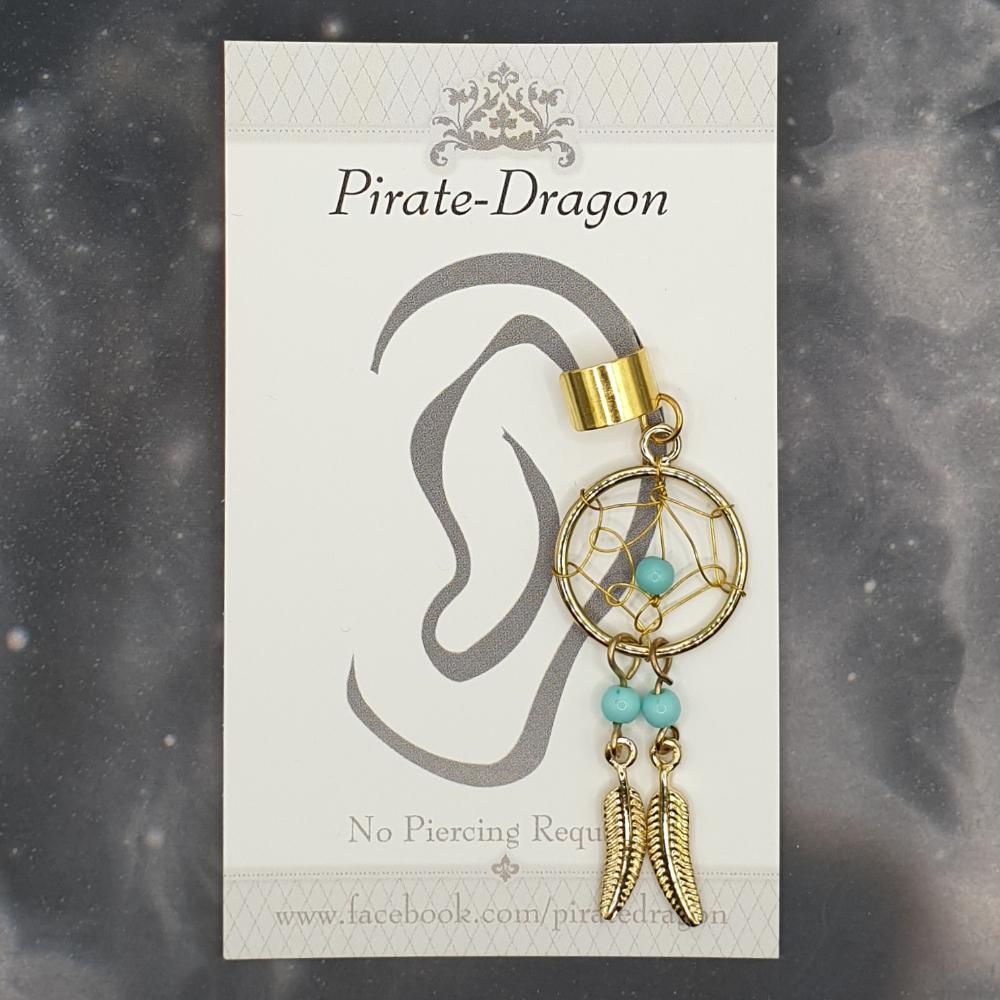 Golden Dreamcatcher with Blue Beads Non-Pierced Ear Cuff (EC5044)