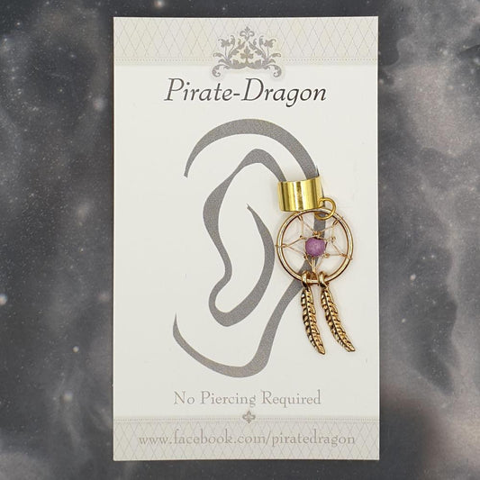 Small Golden Dreamcatcher with Pink Bead Non-Pierced Ear Cuff (EC5048)