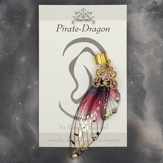 Large Gold & Red/White Butterfly Wing Non-Pierced Ear Cuff (EC5057)