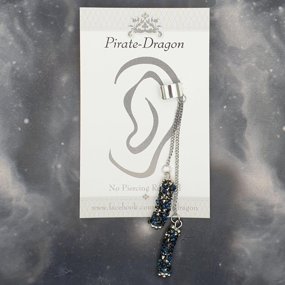 Blue & Black Chain Drop Non-Pierced Ear Cuff (EC5070)