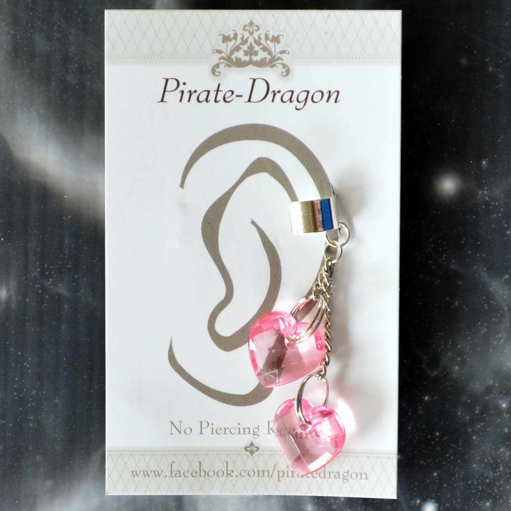 Pink Hearts on Silver Chain Non-Pierced Ear Cuff (EC7055)