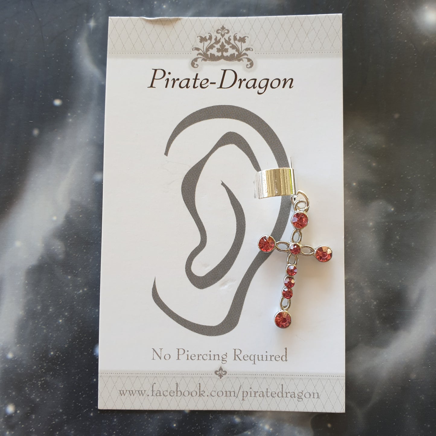 Silver Cross with Dark Pink Gem Non-Pierced Ear Cuff (EC9128)