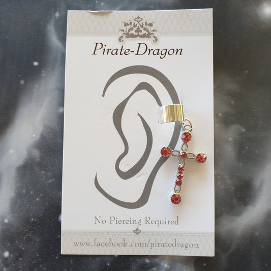 Silver Cross with Dark Pink Gem Non-Pierced Ear Cuff (EC9128)