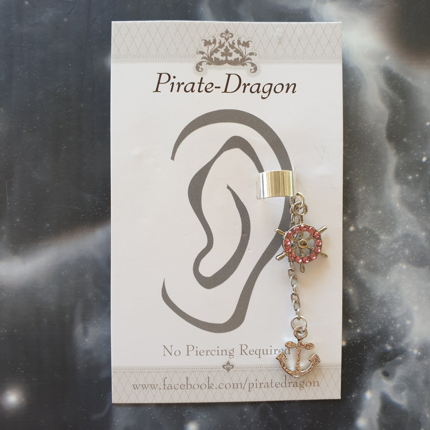Pink Gem Ships Wheel & Silver Anchor Non-Pierced Ear Cuff (EC9176)
