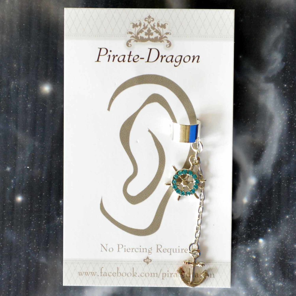 Blue Gem Ships Wheel & Silver Anchor Non-Pierced Ear Cuff (EC9177)