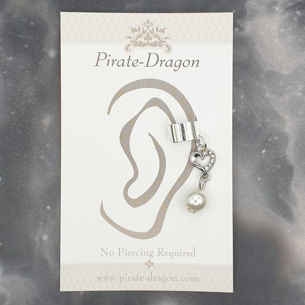 Small Gem Heart with Pearl Drop Non-Pierced Ear Cuff (EC9294)