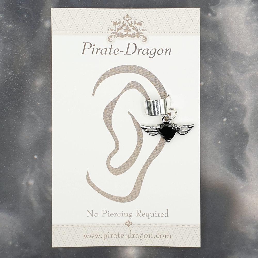 Black Gem Heart with Wings Non-Pierced Ear Cuff (EC9308)