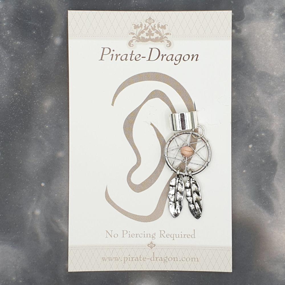 Silver Dreamcatcher with Pink Bead Non-Pierced Ear Cuff (EC9358)
