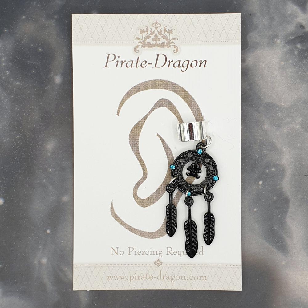 Black Dreamcatcher with Skull & Blue Gems Non-Pierced Ear Cuff (EC9359)