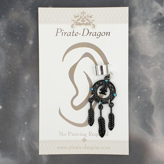 Black Dreamcatcher with Skull & Blue Gems Non-Pierced Ear Cuff (EC9359)