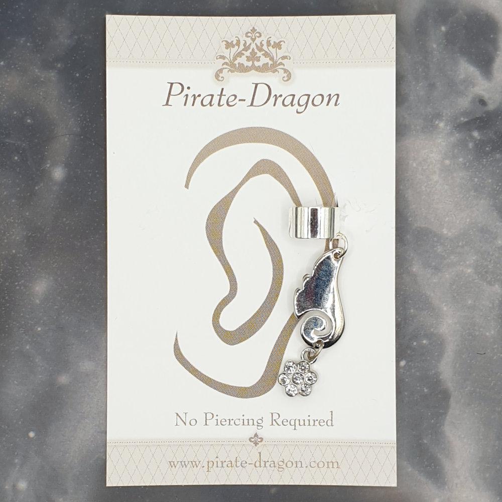 White Gem Flower with Silver Wave Non-Pierced Ear Cuff (EC9365)