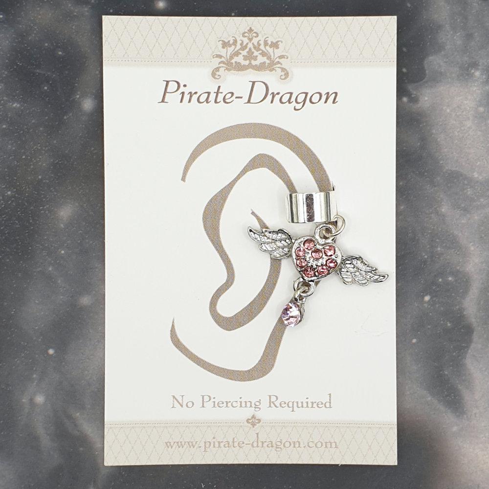 Pink Gem Heart with Wings Non-Pierced Ear Cuff (EC9372)