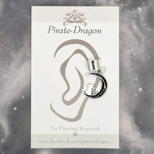 Silver Cat on Black Moon Non-Pierced Ear Cuff (EC9493)