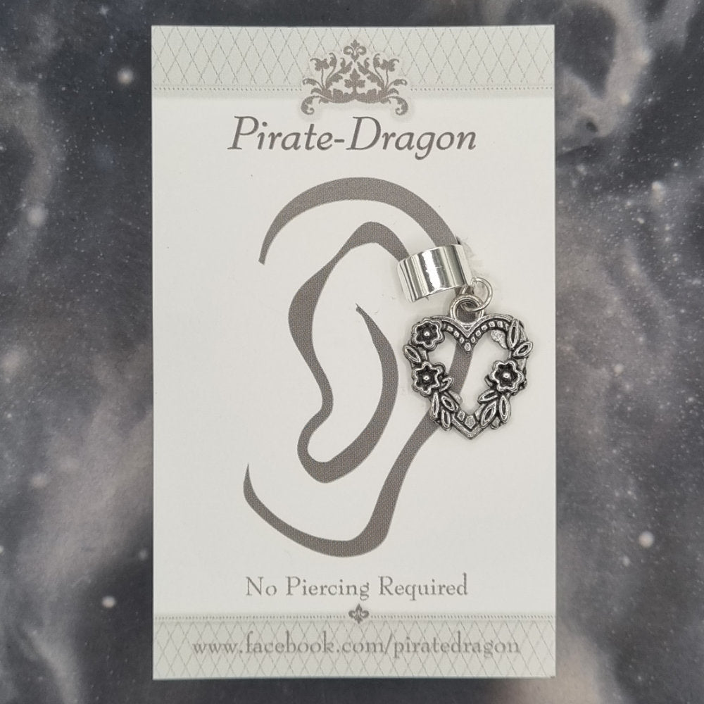 Silver Flower Heart Non-Pierced Ear Cuff (EC9722)