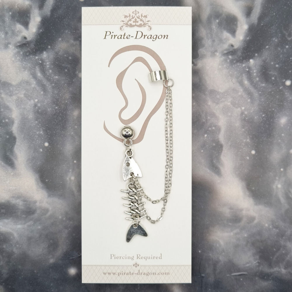 Large Silver Fish Skeleton with Silver Chains Pierced Earcuff (EC99011)