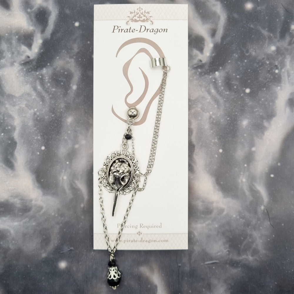 Silver Bird Skull & Black Drop with Silver Chains Pierced Earcuff (EC99025)