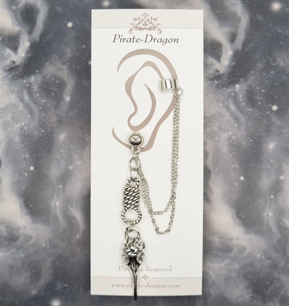 Silver Bird Skull & Noose with Silver Chains Pierced Earcuff (EC99026)