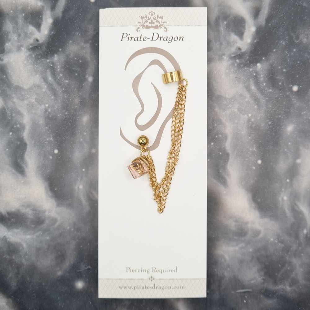 Pale Pink Cube with Gold Chains Pierced Earcuff (EC99045)