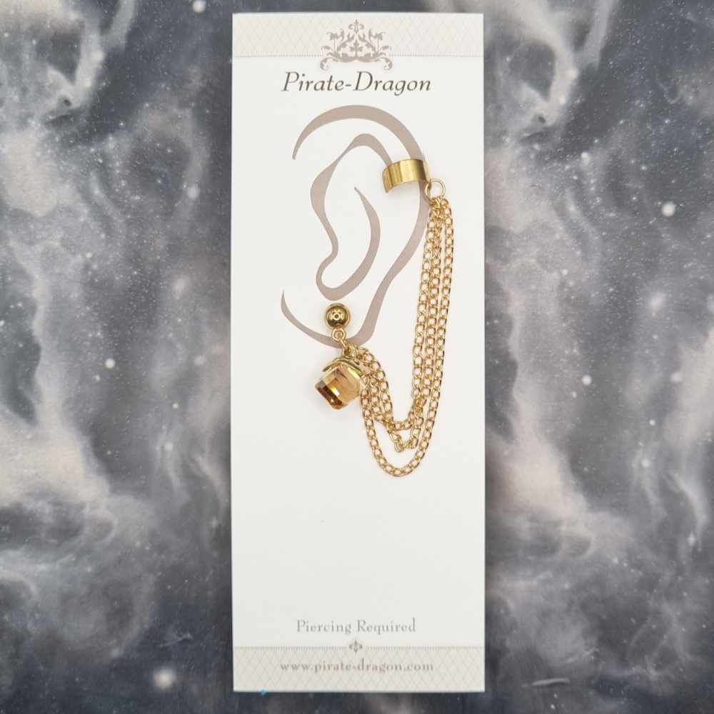 Light Brown Cube with Gold Chains Pierced Earcuff (EC99047)