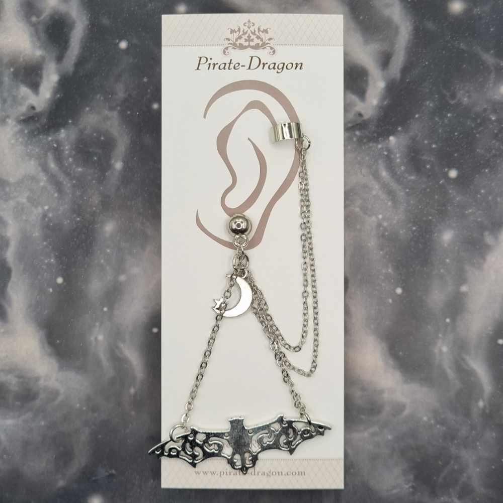 Silver Filigree Bat with Silver Chains Pierced Earcuff (EC99052)