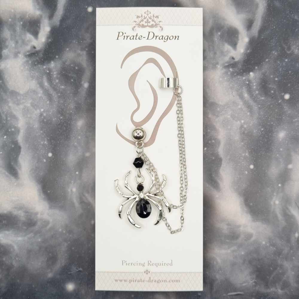 Silver & Black Spider with Silver Chains Pierced Earcuff (EC99053)