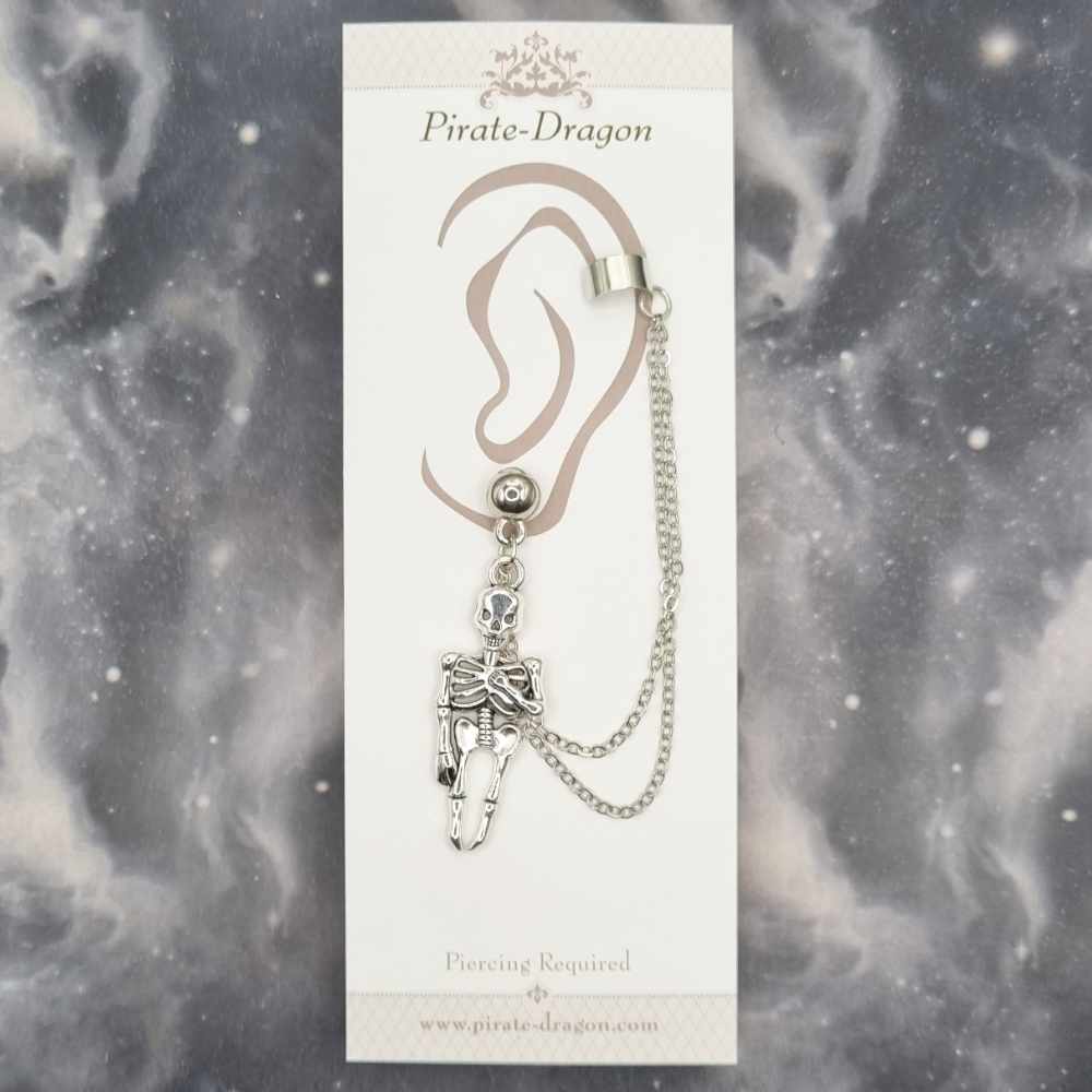 Silver Skeleton with Silver Chains Pierced Earcuff (EC99055)