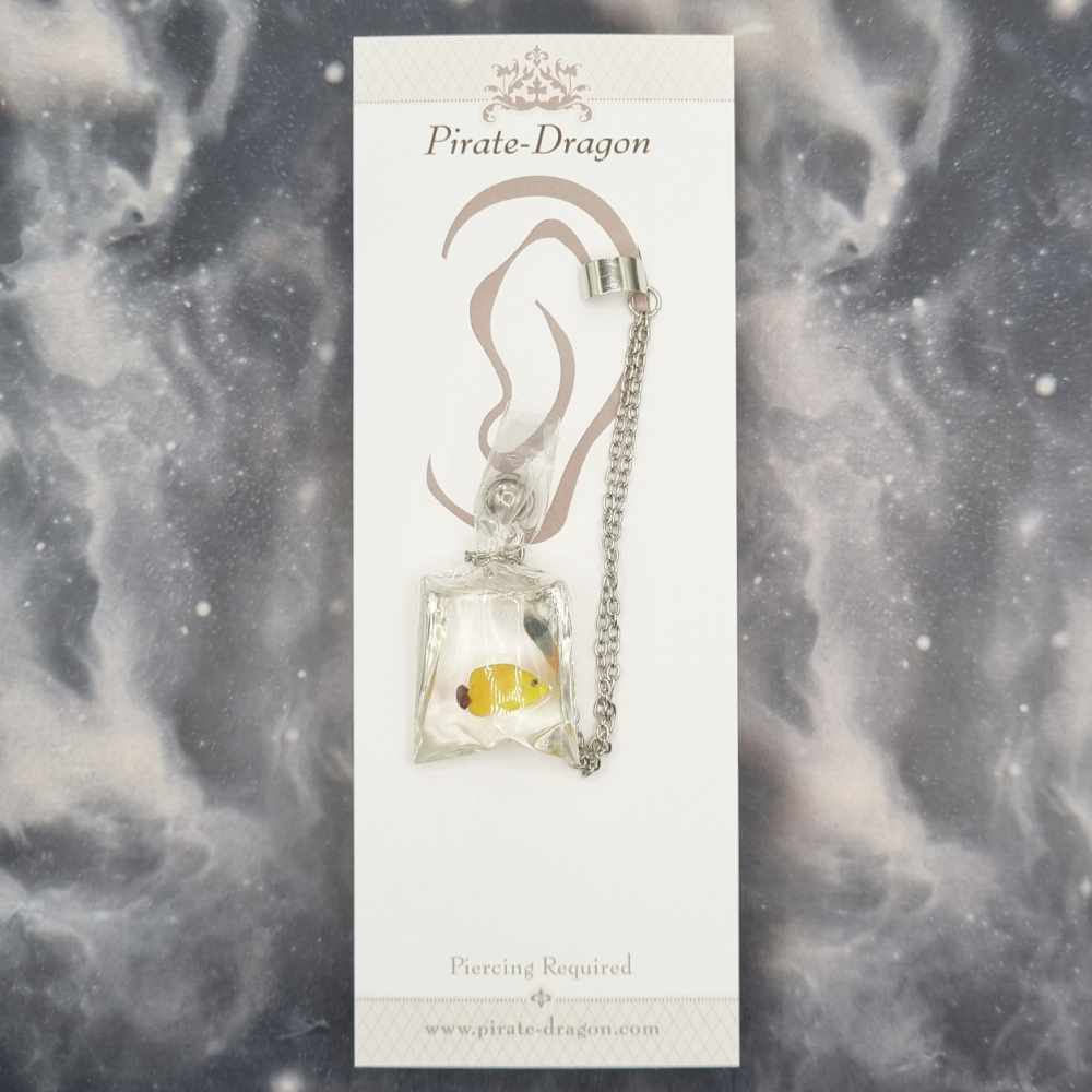 Yellow Fish in Bag with Silver Chains Pierced Earcuff (EC99078)