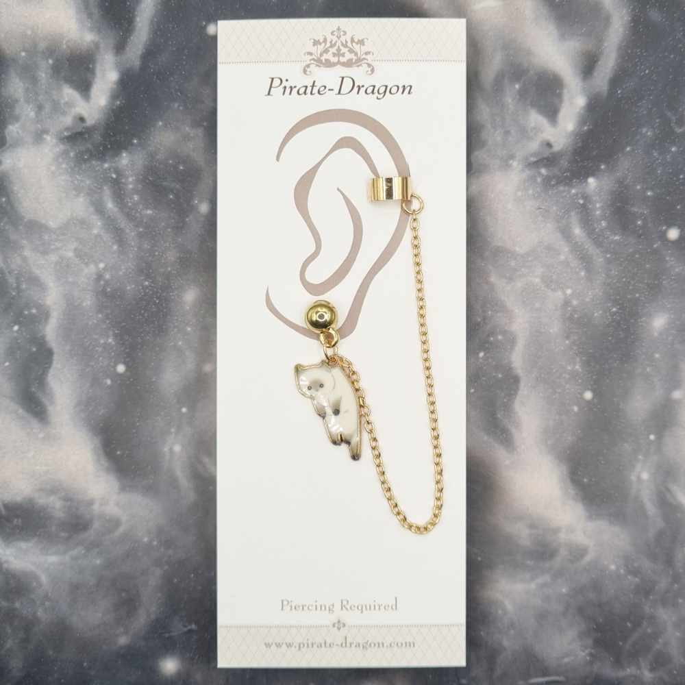 White Dangling Kitty with Gold Chain Pierced Earcuff (EC99101)