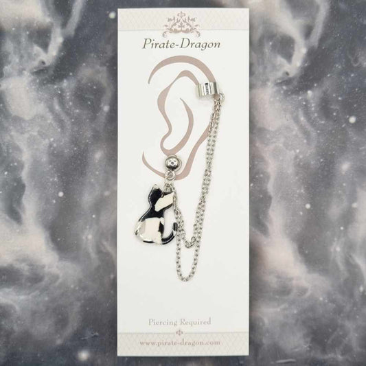 Black and White Cat with Silver Chains Pierced Earcuff (EC99104)
