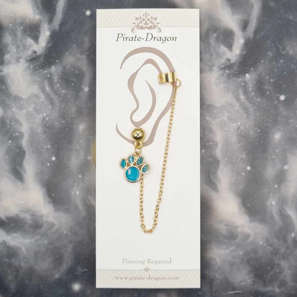 Light Blue Paw Print with Gold Chain Pierced Earcuff (EC99115)