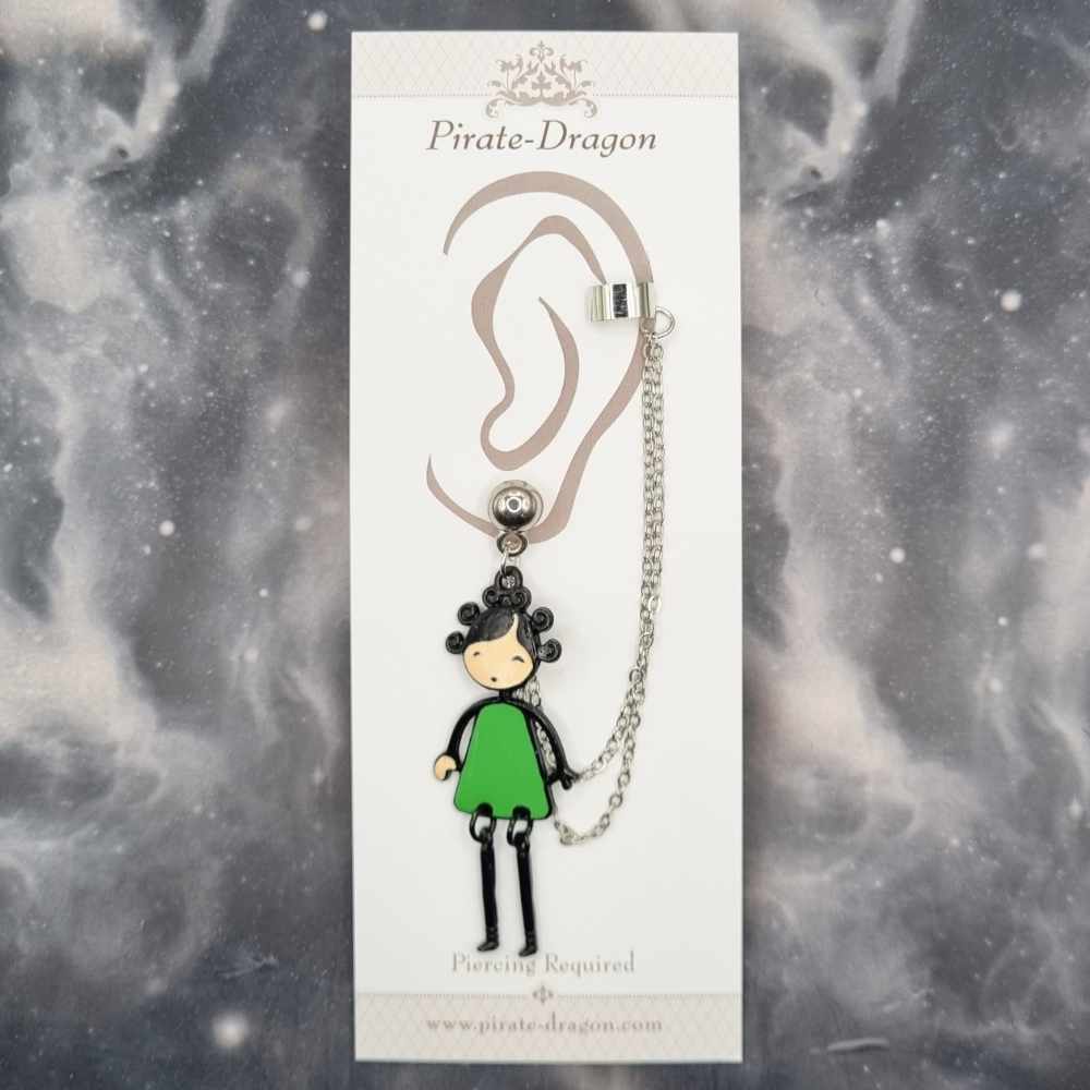 Green Girl with Silver Chains Pierced Earcuff (EC99119)