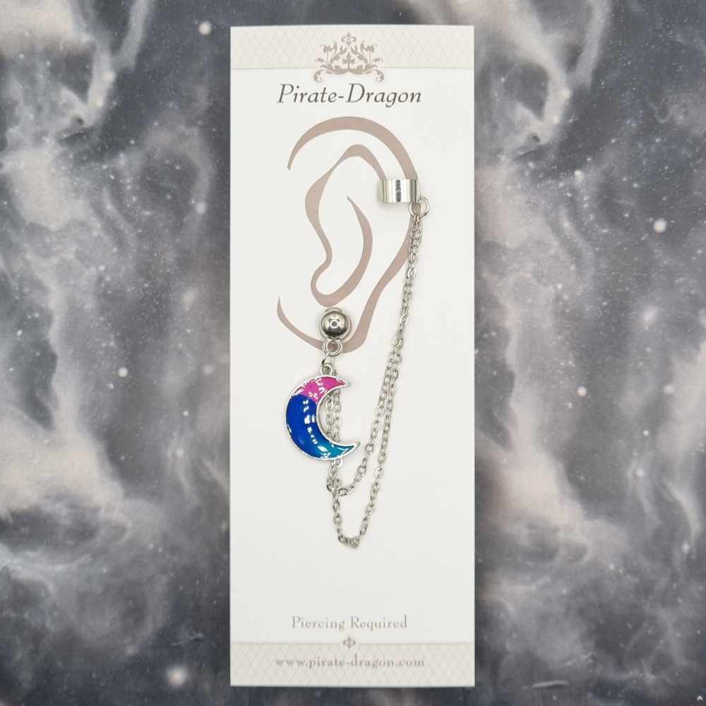 Blue/Pink Crescent Moon with Silver Chains Pierced Earcuff (EC99121)