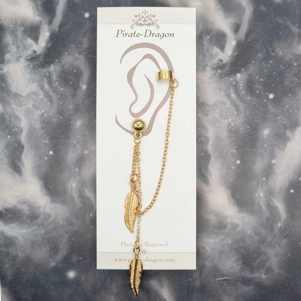 Gold Feathers with Gold Chain Pierced Earcuff (EC99126)