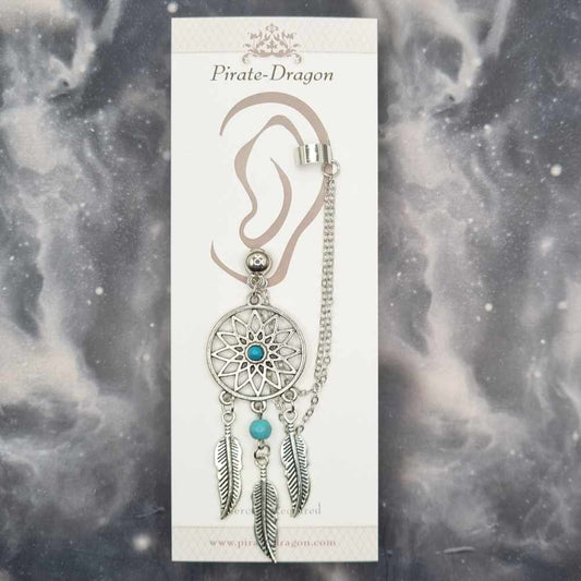 Silver & Blue Dreamcatcher with Silver Chains Pierced Earcuff (EC99127)