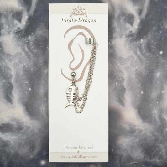 Small Silver Fish Skeleton with Silver Chains Pierced Earcuff (EC99143)