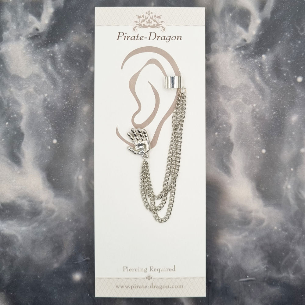 Silver Hand with Silver Chains Pierced Earcuff (EC99915)