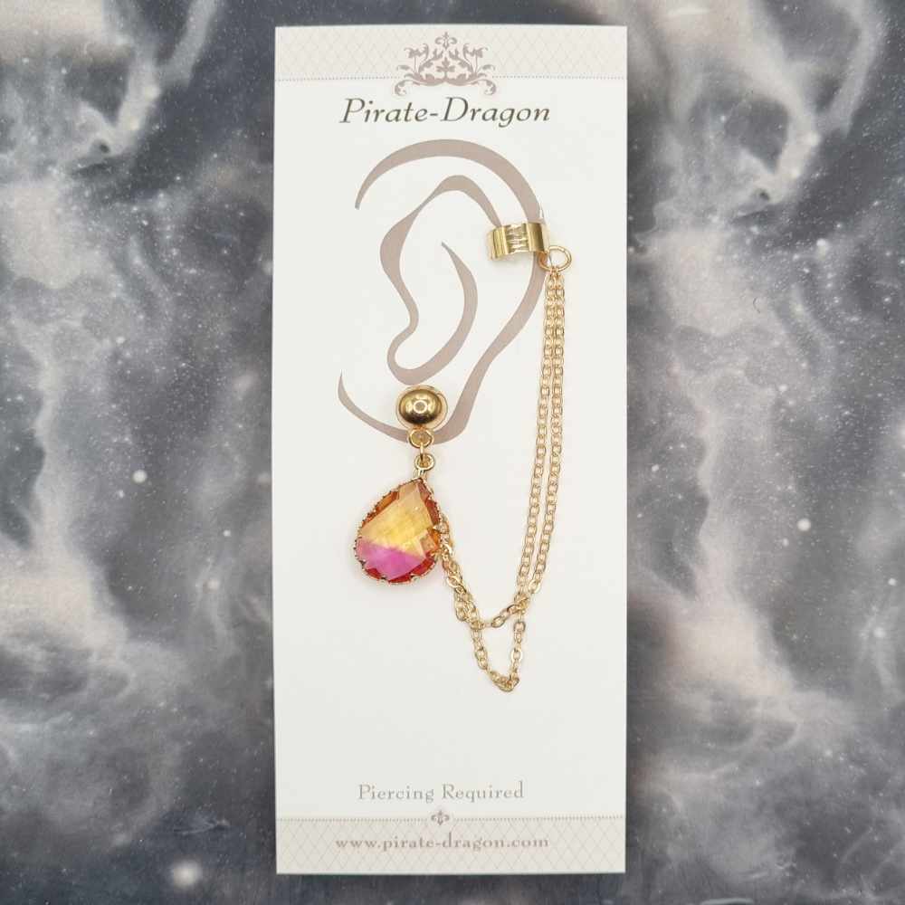 Orange/Pink Teardrop Gem with Gold Chains Pierced Earcuff (EC99174)
