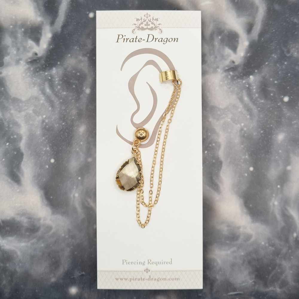 Cream/Grey Teardrop Gem with Gold Chains Pierced Earcuff (EC99175)