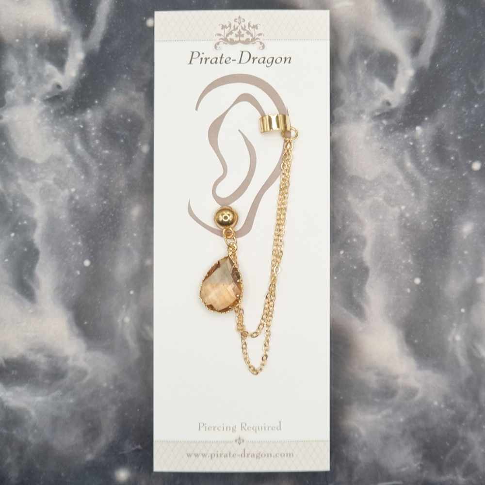 Brown/Orange Teardrop Gem with Gold Chains Pierced Earcuff (EC99176)