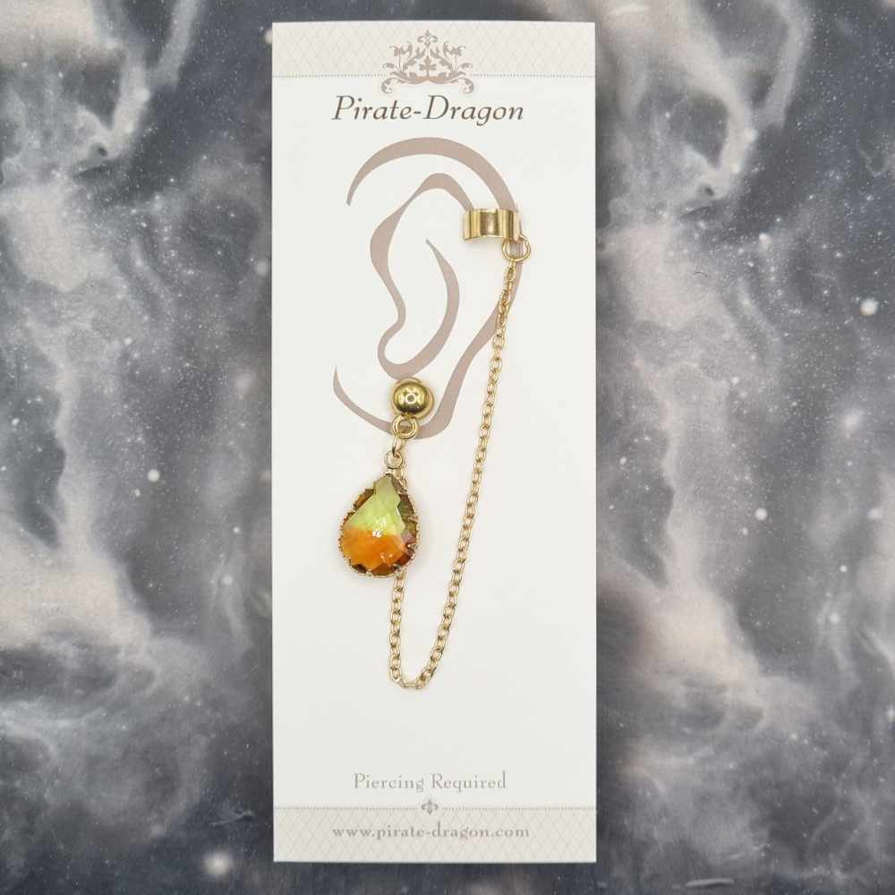 Green/Orange Teardrop Gem with Gold Chains Pierced Earcuff (EC99178)