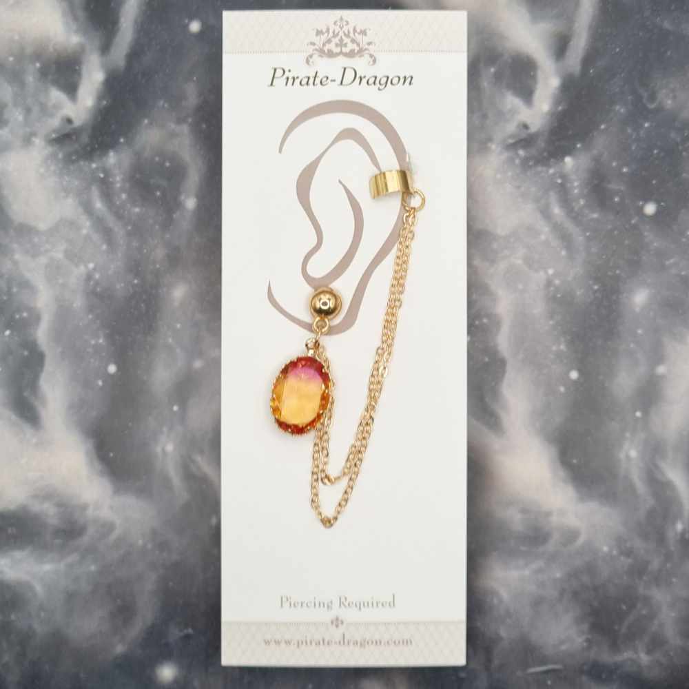 Pink/Orange Oval Gem with Gold Chains Pierced Earcuff (EC99180)